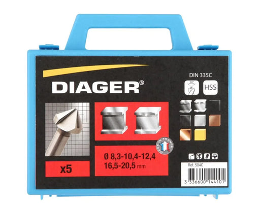 Coffret fraise conique DIAGER HSS 90° 8,3-10,4-12,4-16,5-20,5mm (5 pièces) - 504C - Déstockage - Drakare